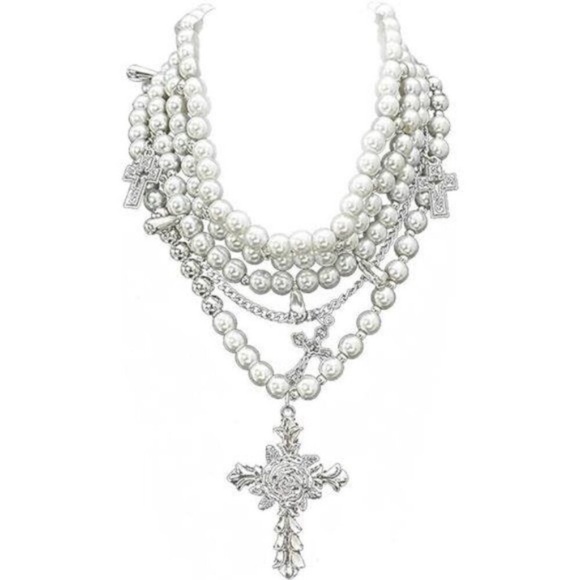 Layered Pearl Necklace Gothic Cross Stacked Necklace 18k gold plated silver new - Picture 7 of 7